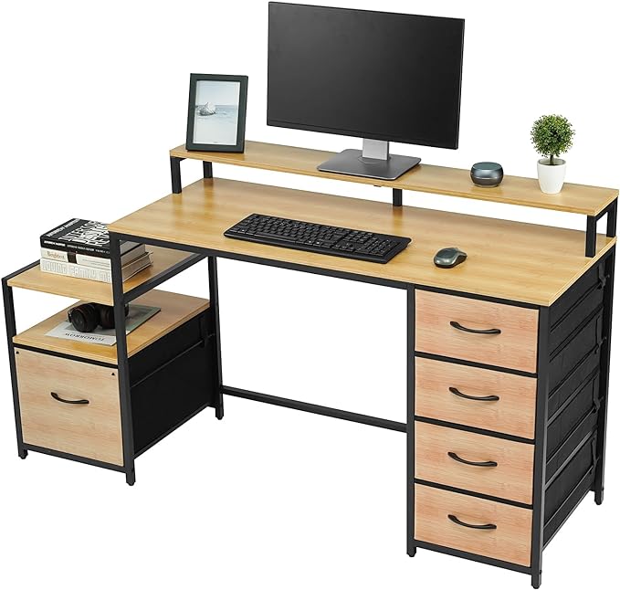TOPSKY Compact Computer Desk with Storage Shelf/Cloth File Drawer for Letter Size/Monitor Stand Study Table for Home Office (Bamboo, 61.6 inch) - LeafyLoom