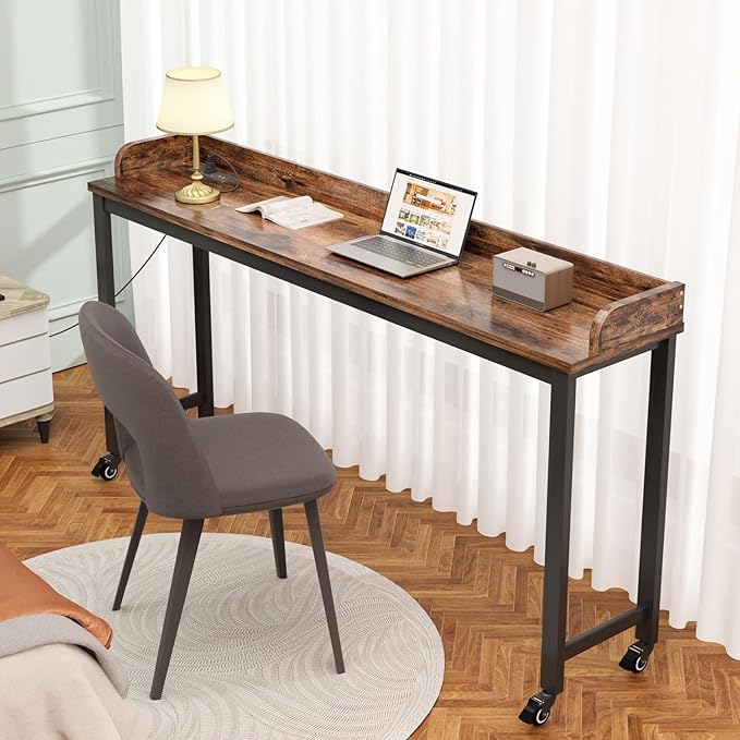 70.8" Standing Desk with Charging Station, Extra Long Desk on Wheels for Standing and Sitting, Sofa Table Behind Couch with Power Outlets and USB Ports, Easy Assembly, Walnut - LeafyLoom