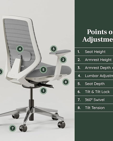 Branch Ergonomic Chair - A Versatile Desk Chair with Adjustable Lumbar Support, Breathable Mesh Backrest, and Smooth Wheels - Experience Optimal Comfort and Support - Pebble - White - LeafyLoom