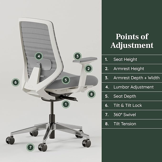 Branch Ergonomic Chair - A Versatile Desk Chair with Adjustable Lumbar Support, Breathable Mesh Backrest, and Smooth Wheels - Experience Optimal Comfort and Support - Pebble - White - LeafyLoom