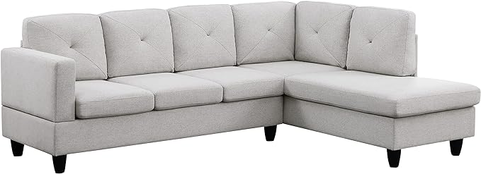 LOVMOR Living Room Reversible Sectional Sofa with Dropdown Armrest, Cupholder, Ottoman and Storage Chaise, Linen Couch for Home Furniture, Apartment, Dorm, Santiago Light Gray, 96 Inch - LeafyLoom