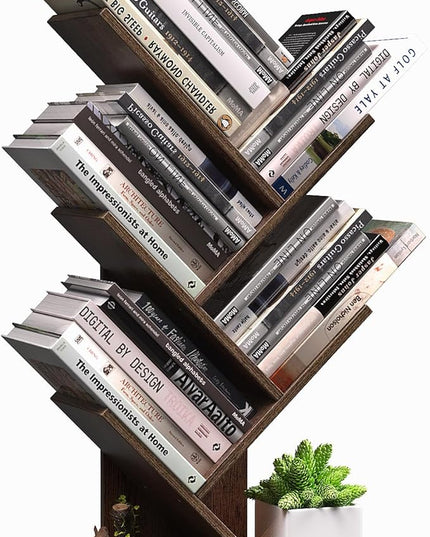 5 Tier Small Tree Bookshelf Desk Book Organizer Narrow Bookcases for Books Magazines CDs Free Standing Retro Wooden Storage Shelves for Home Office Bedroom Living Room Rustic Brown - LeafyLoom