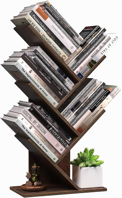 5 Tier Small Tree Bookshelf Desk Book Organizer Narrow Bookcases for Books Magazines CDs Free Standing Retro Wooden Storage Shelves for Home Office Bedroom Living Room Rustic Brown - LeafyLoom