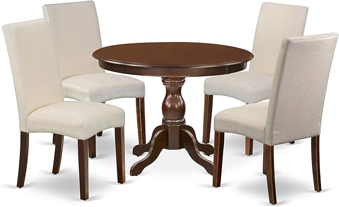 East West Furniture HBDR5-MAH-01 Hartland 5 Piece Modern Dining Set Includes a Round Wooden Table with Pedestal and 4 Cream Linen Fabric Upholstered Parson Chairs, 42x42 Inch - LeafyLoom