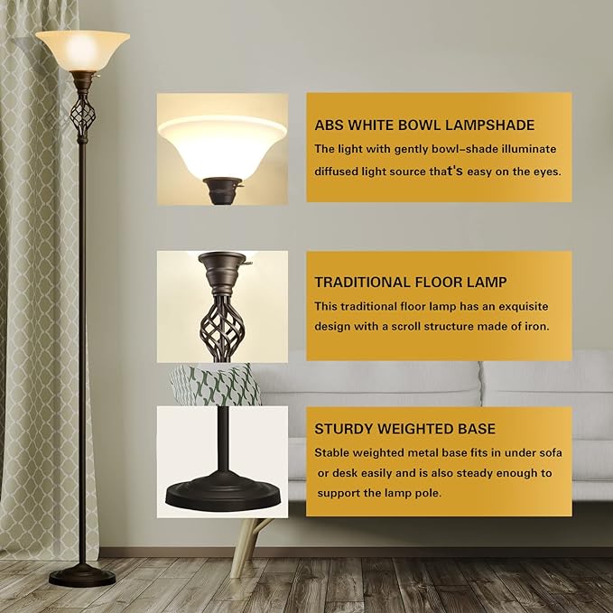 Floor Lamp for Living Room, 72" Modern Bedroom Standing Lamp with 8W LED Bulb, 3000K Eye Protection Torchiere Floor Lamp for Bedroom, Office, Living Room(Red Brown) - LeafyLoom