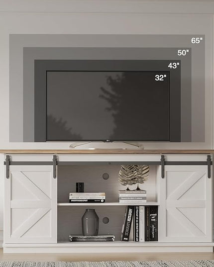 YESHOMY Farmhouse TV Stand and Entertainment Center for Televisions up to 65 Inchs, with Sliding Barn Doors and Storage Cabinets, Console Table and Media Furniture for Living Room, 58 Inch, White - LeafyLoom