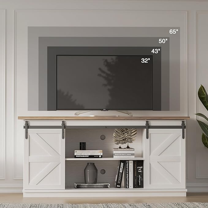 YESHOMY Farmhouse TV Stand and Entertainment Center for Televisions up to 65 Inchs, with Sliding Barn Doors and Storage Cabinets, Console Table and Media Furniture for Living Room, 58 Inch, White - LeafyLoom