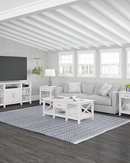 Bush Furniture Key West Tall TV Stand for 65 Inch TV in Pure White Oak, Farmhouse Entertainment Center with Storage - LeafyLoom