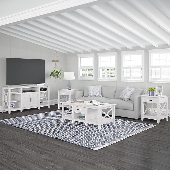 Bush Furniture Key West Tall TV Stand for 65 Inch TV in Pure White Oak, Farmhouse Entertainment Center with Storage - LeafyLoom