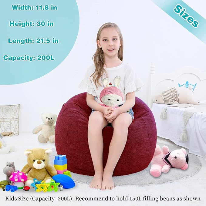 Stuffed Animal Storage Bean Bag Chair Cover (No Beans) for Kids and Adults.Soft Premium Corduroy Stuffable Beanbag for Organizing Children Plush Toys or Memory Foam Small 100L (WineRed) - LeafyLoom