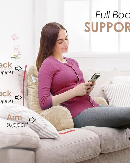 Nestl Reading Pillow with Portable Laptop Lap Desk, Velvet Feel Back Pillow for Sitting in Bed, Shredded Memory Foam Back Support Pillow for Bed, Bed Rest Pillow with Arms, Standard - Cream - LeafyLoom
