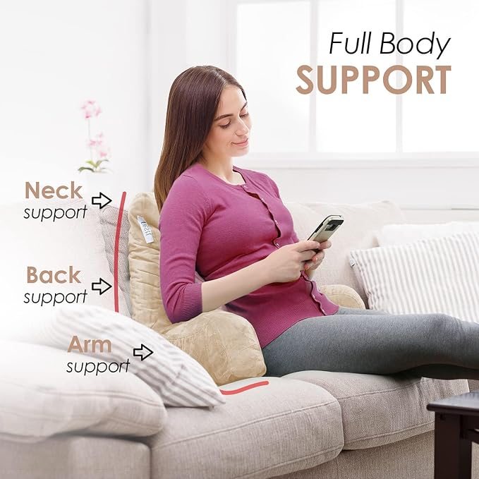 Nestl Reading Pillow with Portable Laptop Lap Desk, Velvet Feel Back Pillow for Sitting in Bed, Shredded Memory Foam Back Support Pillow for Bed, Bed Rest Pillow with Arms, Standard - Cream - LeafyLoom