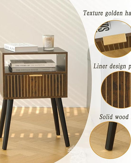 MaxSmeo Small Nightstand Wood Bedside Table with Drawer, Modern End Table for Bedroom and Small Spaces, Solid Wood Legs, Easy Assembly, Rustic Brown and Black - LeafyLoom