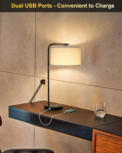 USB Bedside Lamp, Industrial Side Table Lamp with Dual USB Charging Ports, Fully Dimmable Nightstand Lamp, Tall Reading Lamp Desk Lamp for Bedroom, Living Room, Office, 9W LED Bulb Included - LeafyLoom