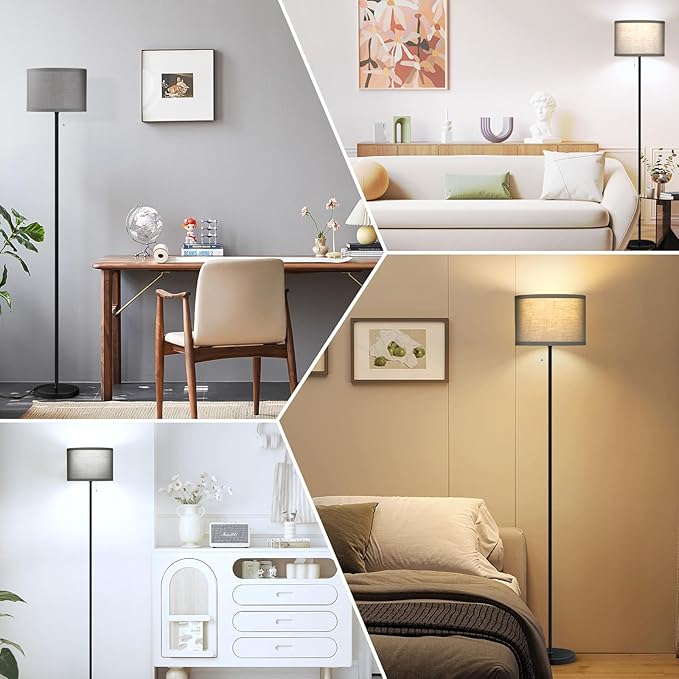 LED Floor Lamp for Bedroom, 3 Color Temperature Modern Standing Lamp, Modern Tall Lamp for Living Room, Grey Minimalist Pole Lamp with Pull Chain, Stand Up Lamp for Nursery Hotel, 9W Bulb Included - LeafyLoom