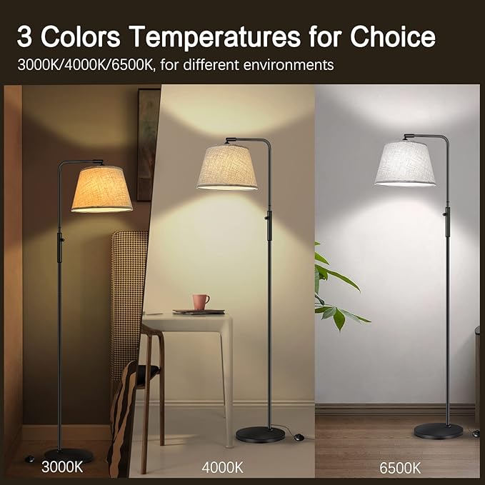 Floor Lamp with 3 Color Temperatures for Living Room Bedroom Office, Arc Modern Standing Lamp Tall Bright Corner Floor Lamp with Shade, Stepless Adjustable 3000K-6500K Colors, 9W LED Bulb - LeafyLoom