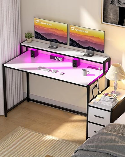 GreenForest Small Desk for Bedroom, 39.4 inch Computer Desk with 2 Drawers, Gaming Desk with LED Light and Power Outlet, Reversible Office Desk with Monitor Stand, Desk for Small Spaces, White - LeafyLoom