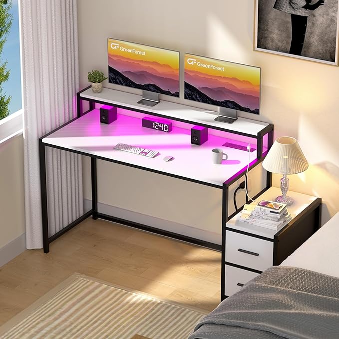 GreenForest Small Desk for Bedroom, 39.4 inch Computer Desk with 2 Drawers, Gaming Desk with LED Light and Power Outlet, Reversible Office Desk with Monitor Stand, Desk for Small Spaces, White - LeafyLoom