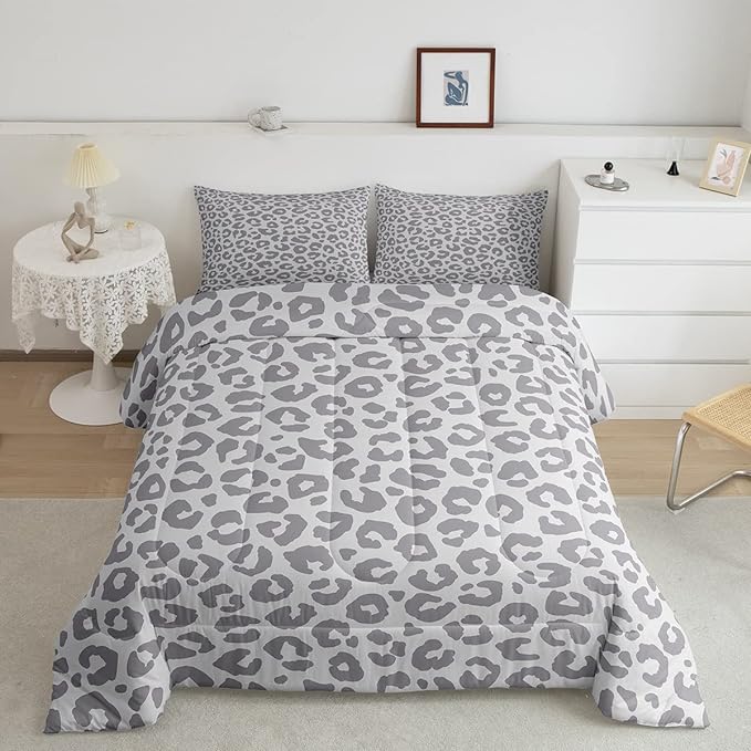Feelyou Leopard Print Bedding Set Silver Gray Leopard Comforter Set for Boys Girls Kids Cheetah Printed Comforter Africa Wild Animal Skin Theme Duvet Set Room Decor Queen Size Quilt Set 3Pcs - LeafyLoom