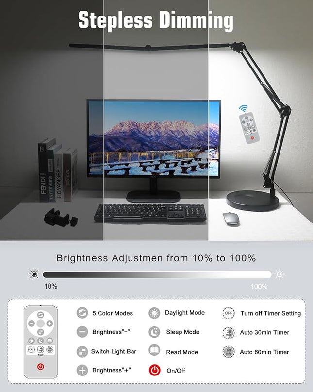 LED Desk Lamps for Home Office 2 in 1 Large Double Head Desk Lamp with Clamp & Base, Remote Control, Dimmable Architect Clip on Desktop Light Bar with Memory for Working, Crafting, Studying - LeafyLoom