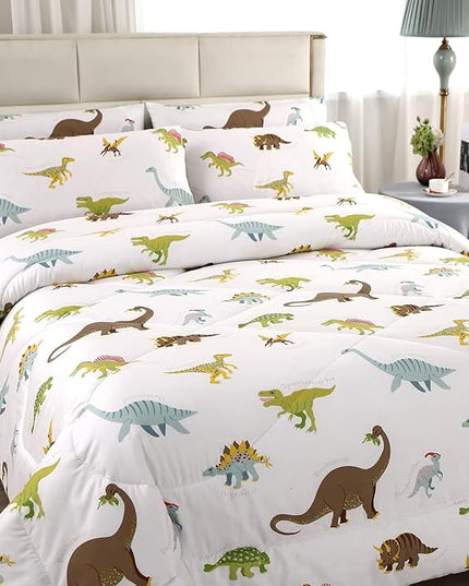 MAG 3Pcs Dinosaur Bedding Comforter Set, Dino White Base Twin Comforter Set,for Toddlers Kids,Boys Teens and Girls,Super Soft Microfiber, Twin Size (1 Comforter + 2 Pillowcases) - LeafyLoom