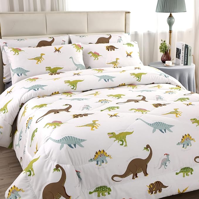 MAG 3Pcs Dinosaur Bedding Comforter Set, Dino White Base Twin Comforter Set,for Toddlers Kids,Boys Teens and Girls,Super Soft Microfiber, Twin Size (1 Comforter + 2 Pillowcases) - LeafyLoom
