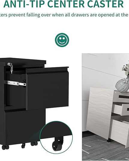 YITAHOME 2-Drawer Vertical File Cabinet with Lock, 20” Deep Mobile Metal Filing Cabinet for Legal/Letter Size, 20” Height Pre-Built Office Storage File Cabinet Except Wheels Under Desk - Black - LeafyLoom