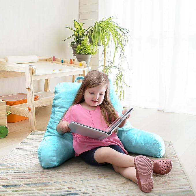 Clara Clark Reading Pillow for Kids, Small Back Pillow for Sitting Up in Bed, Memory Foam Back Support Pillow, Reading Pillows for Sitting in Bed, Light Blue Gaming Pillow with Arms and Pockets - LeafyLoom
