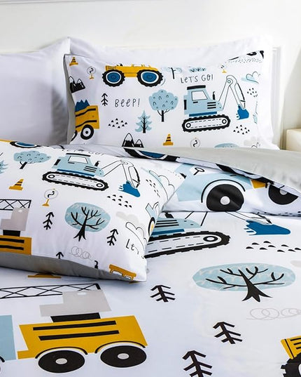 NTBED Construction Truck Twin Comforter Set for Boys Kids Forest Vehicles Excavator Tractor Lightweight Microfiber Cars Bedding Sets - LeafyLoom