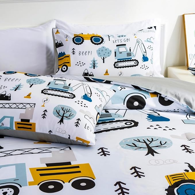 NTBED Construction Truck Twin Comforter Set for Boys Kids Forest Vehicles Excavator Tractor Lightweight Microfiber Cars Bedding Sets - LeafyLoom