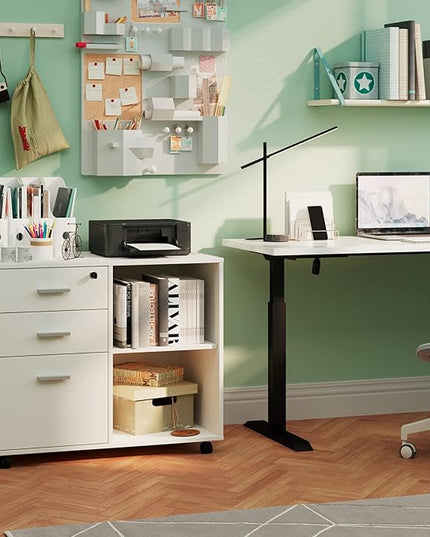 Maxtown Wood Filing Cabinet, Mobile Lateral Filing Cabinet with Lock, 3 Drawer Filing Cabinet with Open Storage Shelves, Printer Stand with Storage, White - LeafyLoom