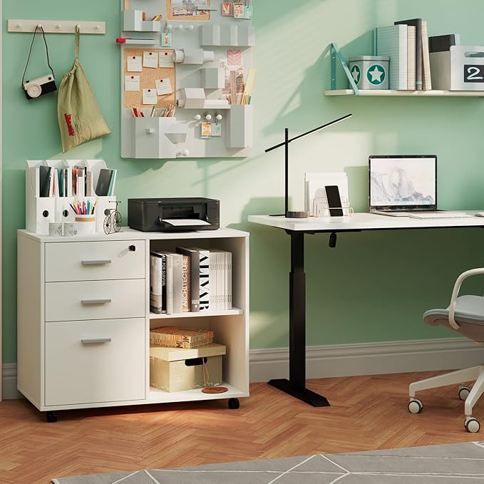 Maxtown Wood Filing Cabinet, Mobile Lateral Filing Cabinet with Lock, 3 Drawer Filing Cabinet with Open Storage Shelves, Printer Stand with Storage, White - LeafyLoom