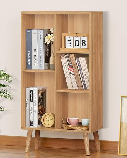 LEYAOYAO Wooden 5 Cube Bookshelf, Natural 3 Tier Book Shelf with Legs, Modern Open Storage Organizer,Boho Bookcase,Display Cabinet Shelf Free Standing Bookshelves for Bedroom,Living Room,Study - LeafyLoom