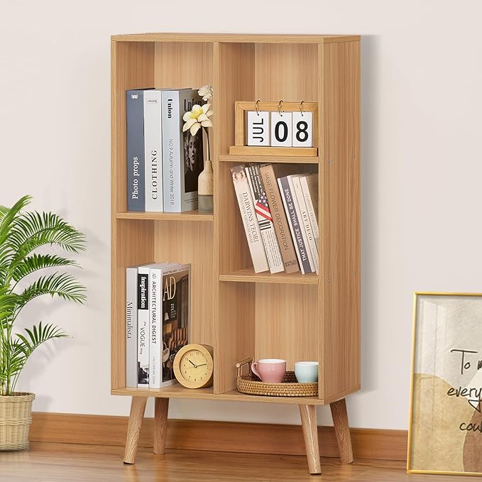 LEYAOYAO Wooden 5 Cube Bookshelf, Natural 3 Tier Book Shelf with Legs, Modern Open Storage Organizer,Boho Bookcase,Display Cabinet Shelf Free Standing Bookshelves for Bedroom,Living Room,Study - LeafyLoom