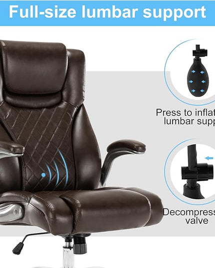 Executive Office Chair Desk Swivel Chair High Back Computer Chair - Adjustable Lumbar Support with Flip-Up Arms PU Leather Chair with Spring Cushion (Brown) - LeafyLoom