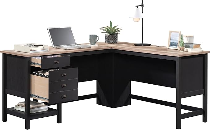 Sauder Cottage Road L-Desk, L: 65.12" x W: 58.66" x H: 29.76", Raven Oak Finish - LeafyLoom
