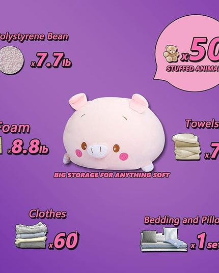 Stuffed Animal Storage Bean Bag Chair Cover for Kids Pink Pig Plush Bean Bag Chair for Girls Large Size Toy Organizer Cover Only Without Filling - LeafyLoom