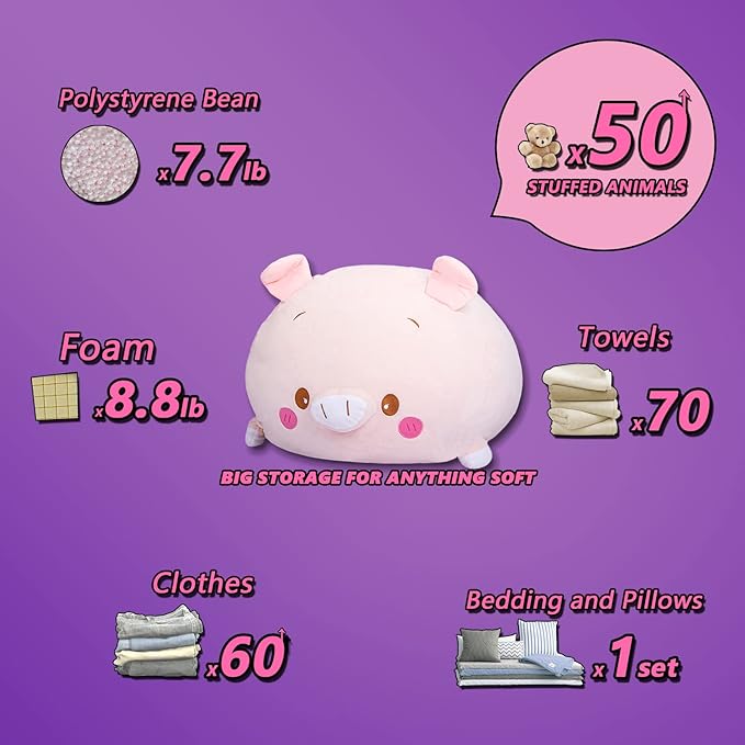 Stuffed Animal Storage Bean Bag Chair Cover for Kids Pink Pig Plush Bean Bag Chair for Girls Large Size Toy Organizer Cover Only Without Filling - LeafyLoom