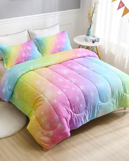 Girls Unicorn Bedding Set 3 Piece Rainbow Comforter Set for Teen Girls Adults with Sparkle Stars Soft Bedding Sets Machine Washable, Multi, Twin - LeafyLoom