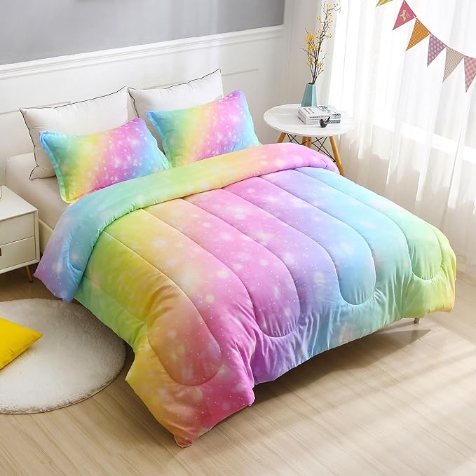 Girls Unicorn Bedding Set 3 Piece Rainbow Comforter Set for Teen Girls Adults with Sparkle Stars Soft Bedding Sets Machine Washable, Multi, Twin - LeafyLoom