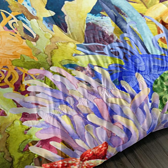 Kids Turtle Rose Comforter Set Twin Beach Theme Jellyfish Starfish Bedding Set Sea Animal Reptile Bed Set with 2 Pillowcases for Boys Girls Room Decor - LeafyLoom