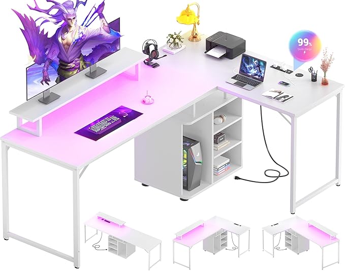 Cyclysio L Shaped Gaming Desk with Wood Cabinet, 58" Large Corner Desk with LED Lights & Power Outlet, Reversible Computer Desk with Monitor Stand, Home Office Desk 2 Person Corner Desk, White - LeafyLoom