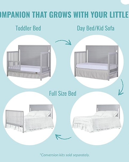 Cape Cod 5-In-1 Convertible Crib In Pebble Grey, Greenguard Gold And JPMA Certified, Built Of Sustainable New Zealand Pinewood, 3 Mattress Height Positions - LeafyLoom