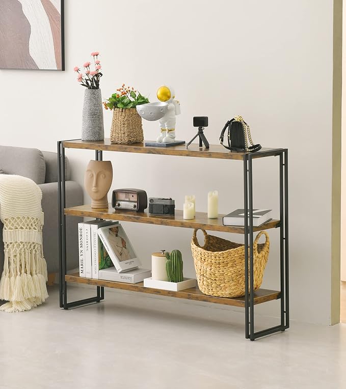 HCHQHS 3-Tier Rustic Wood and Metal Industrial Bookshelf for Home Office, Bedroom, Kitchen, Bathroom - 47in - LeafyLoom