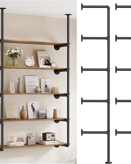 Pynsseu Industrial Iron Pipe Shelf Wall Mount, Farmhouse DIY Open Bookshelf, Pipe Shelves for Kitchen Bathroom, bookcases Living Room Storage, 2Pack of 5 Tier - LeafyLoom