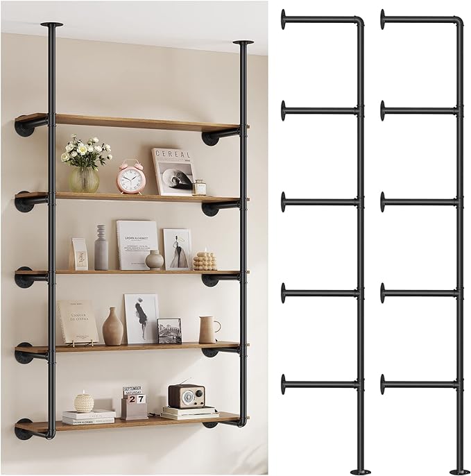 Pynsseu Industrial Iron Pipe Shelf Wall Mount, Farmhouse DIY Open Bookshelf, Pipe Shelves for Kitchen Bathroom, bookcases Living Room Storage, 2Pack of 5 Tier - LeafyLoom