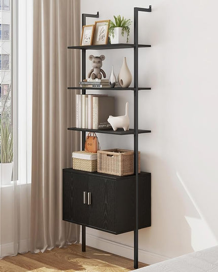 Yusong 73" Tall Bookshelf with Cabinet, Industrial Ladder Wall Mount Shelf Bookcase with Wood and Metal Frame, Plant Shelf Wall Storage Display for Living Room Bedroom, Black Wood Grain - LeafyLoom