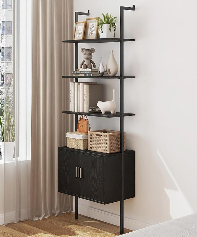 Yusong 73" Tall Bookshelf with Cabinet, Industrial Ladder Wall Mount Shelf Bookcase with Wood and Metal Frame, Plant Shelf Wall Storage Display for Living Room Bedroom, Black Wood Grain - LeafyLoom