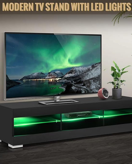 HOMMPA LED TV Stand with LED Lights for 65 inch TV Modern Entertainment Center with Storage 57" Black TV Console with Glass Shelves for Living Room 15" Tall - LeafyLoom