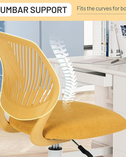 FurnitureR Kids Desk Chair, Small Adjustable Swivel Computer Task Chair with Plastic Backrest and Padded Seat Cushion, Fabric Armless Cute Rolling Child Office Chairs Study Chair, Yellow - LeafyLoom